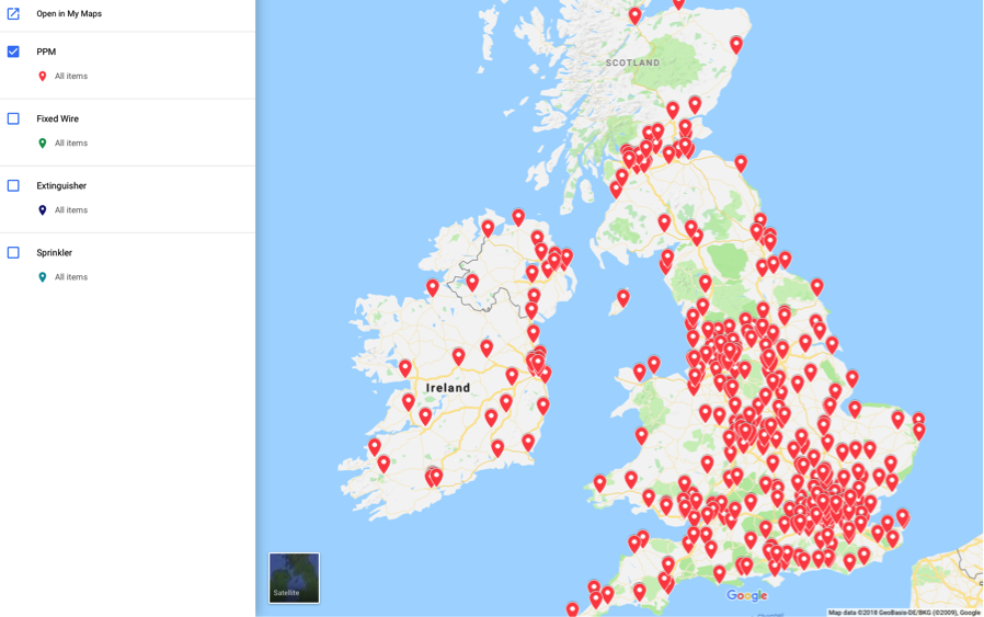 An image of the UK with pins to show sites
